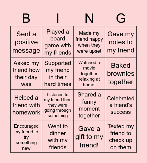 Friendship Bingo Card