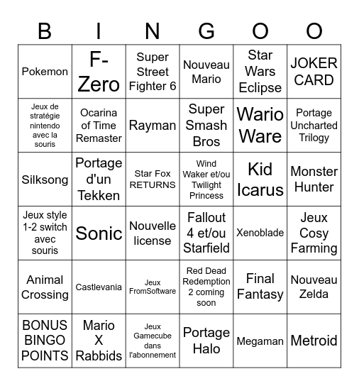 Nintendo Direct Switch 2 Bingo Card