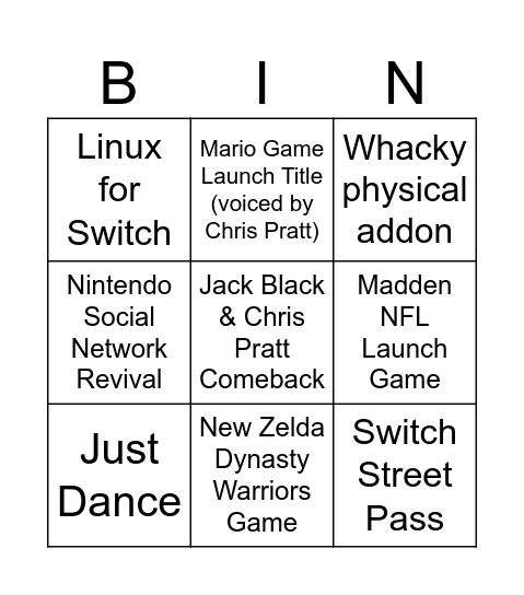 Switch U Bingo Card