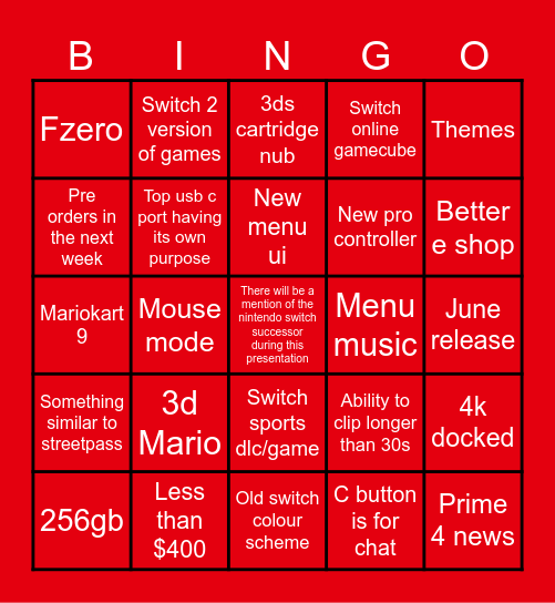 Switch 2 bingo Card