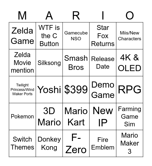 Nintendo Switch 2 Direct Bingo Card