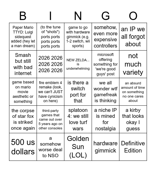 nintendo switch 2 cynical bingo Card