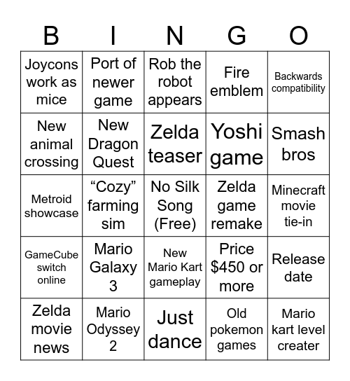 Switch 2 Bingo Card