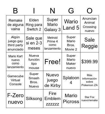 Nintendo Interruptor 2 Bingo Card