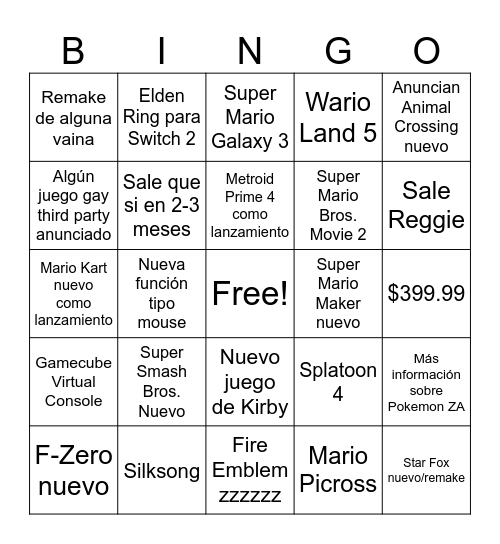Nintendo Interruptor 2 Bingo Card