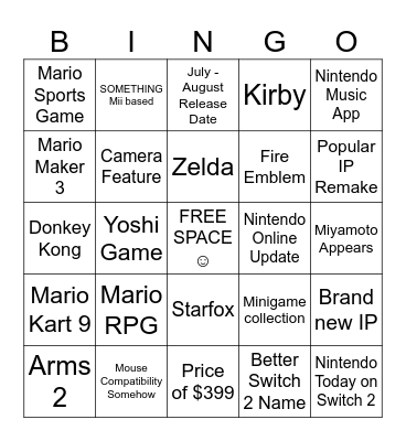 Switch 2 Bingo Card