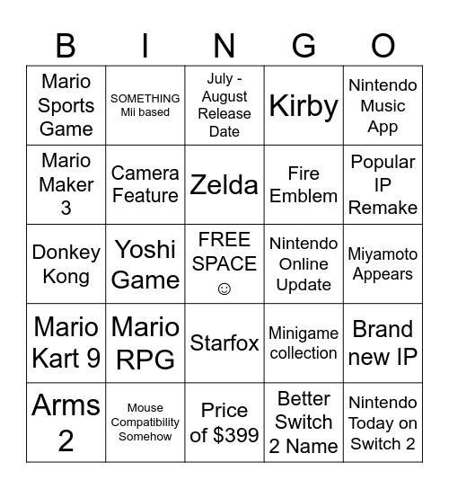 Switch 2 Bingo Card