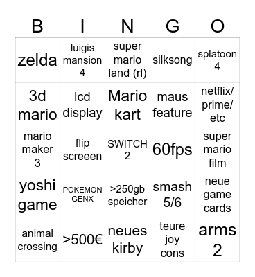 nintendo switch 2 Bingo Card