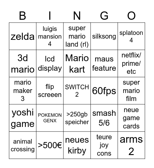 nintendo switch 2 Bingo Card