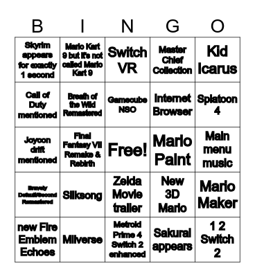 Switch 2 Bingo Card