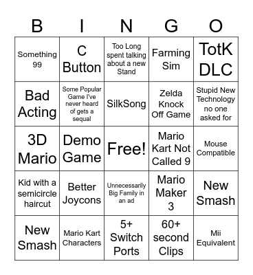 Nintendo Direct Bingo Card