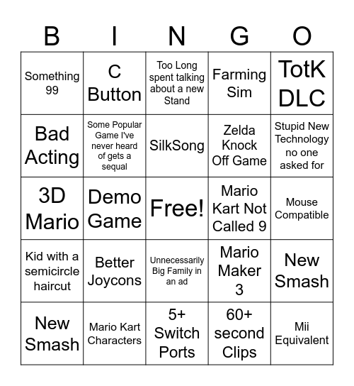 Nintendo Direct Bingo Card