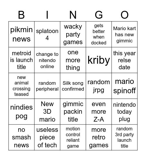 nintendo direct Bingo Card