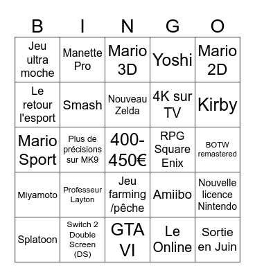 Switch 2 - Nintendo Direct Bingo Card