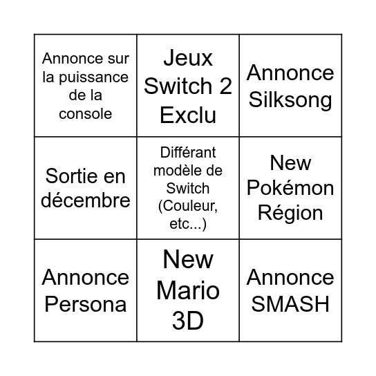 NINTENDO SWITCH Bingo Card