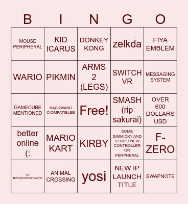 SWITCH 2 BINGO CARD Bingo Card