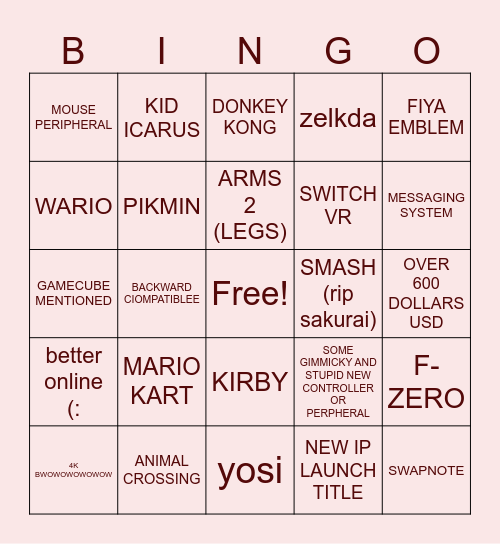 SWITCH 2 BINGO CARD Bingo Card