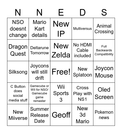 NS2 reveal Bingo Card