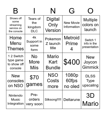 Nintendo Switch 2 Direct Bingo Card
