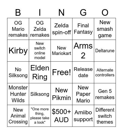 Switch 2 Bingo Card