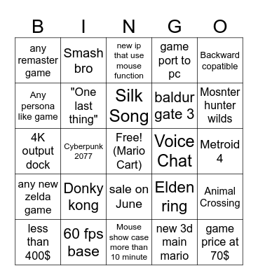 Nintendo Switch 2 Bingo Card