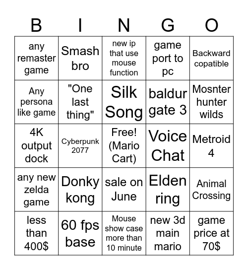 Nintendo Switch 2 Bingo Card