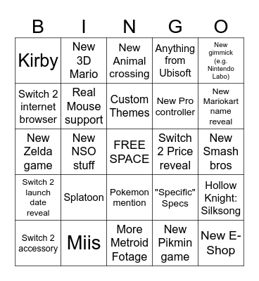 NINTENDO SWITCH 2 DIRECT Bingo Card