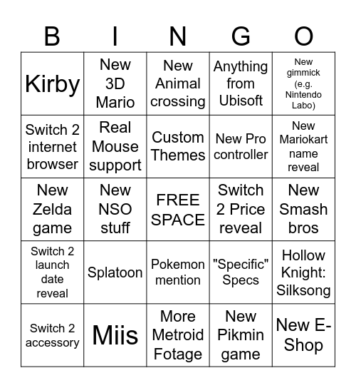 NINTENDO SWITCH 2 DIRECT Bingo Card
