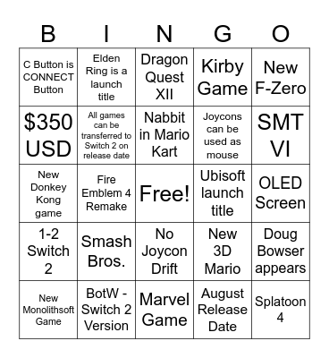 Tim Switch 2 Bingo Card