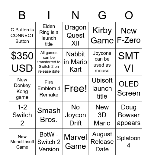 Tim Switch 2 Bingo Card