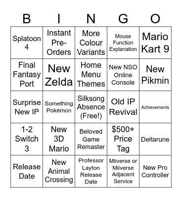 Nintendo Switch 2 Direct Bingo Card