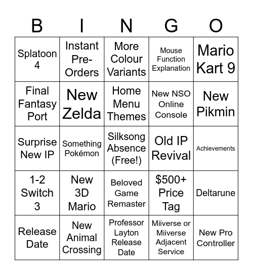 Nintendo Switch 2 Direct Bingo Card