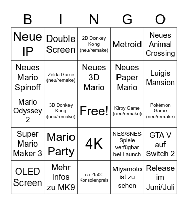 Nintendo Switch 2 Direct Bingo Card