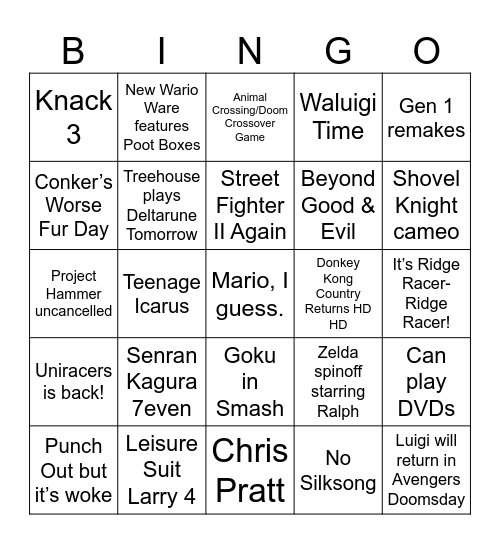 Nintendo Direct Bingo Card