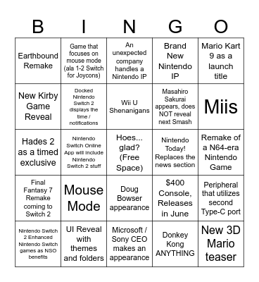 Nintendo Switch 2 Direct Predictions Bingo Card