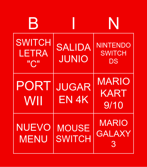 BINGO NINTNEDO DIRECT SWITCH 2 Bingo Card
