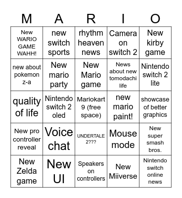 Switch 2 bingo Card
