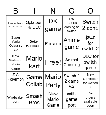 Nintendo Direct 2025 Bingo Card
