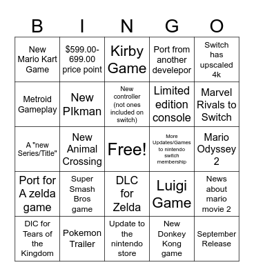 Nintendo Direct Bingo Card