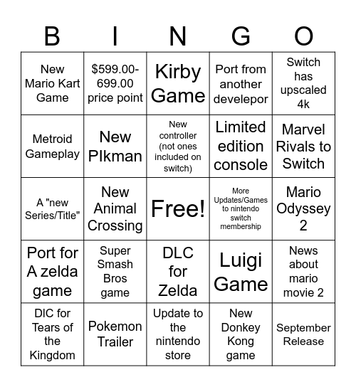 Nintendo Direct Bingo Card