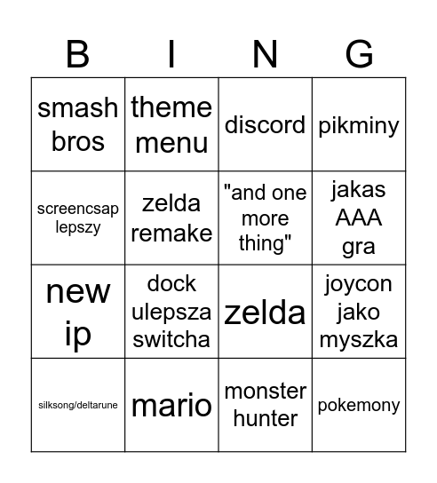 switch 2 Bingo Card