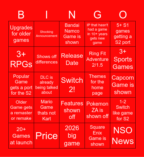 Switch 2 Direct Bingo Card