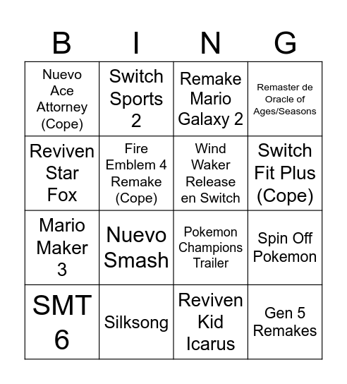 Switch 2 Bingo Card
