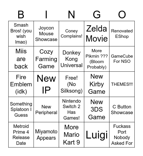 Nintendo Switch 2 Direct Bingo Card