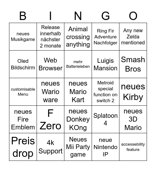 Switch Bingo Card