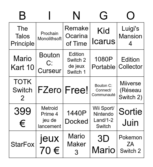 Switch 2 Bingo Card