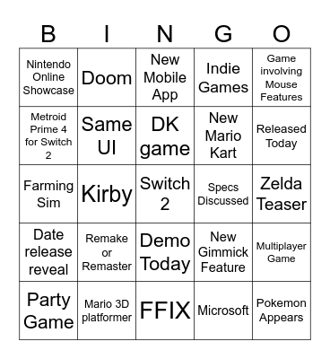 Nintendo Direct April 2, 2025 Bingo Card