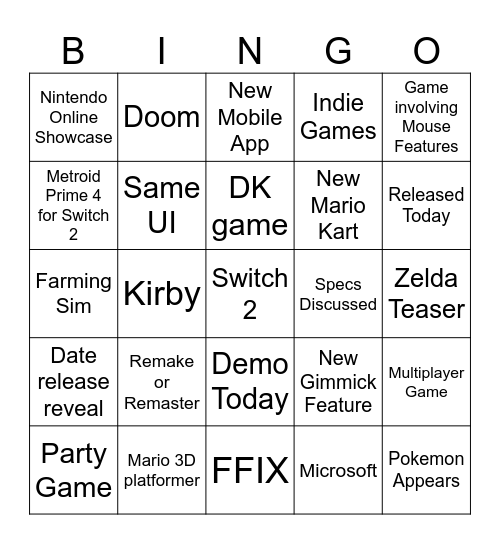 Nintendo Direct April 2, 2025 Bingo Card
