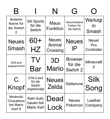 Nintendo Direct Switch 2 Bingo Card