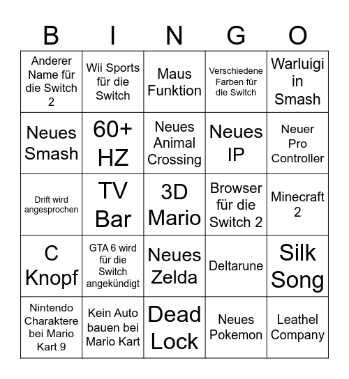 Nintendo Direct Switch 2 Bingo Card